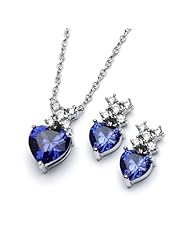Rhodium Plated 925 Sterling Silver Heart Cut Prong Set Blue Sapphire Cubic Zirconia CZ Designer Earrings and Necklace Set