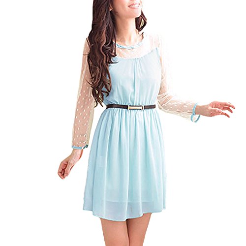 Allegra K Women's Round Neck Waist Belt Long Sleeves Dress