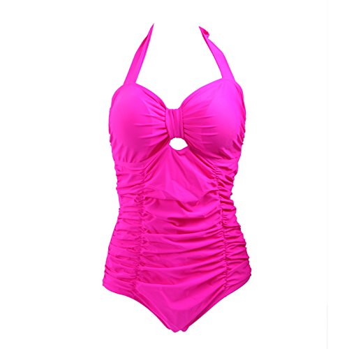 HDE Women's Retro One Piece Swimsuit Plus Size Padded Halter Vintage Swimsuit (Pink Ruched Monokini, X-Large)