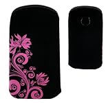 Produkt-Bild: Universal Handytasche Einschub Etui Beutel schwarz mit rosa Blumenmuster / pink flowers f&uuml;r HTC One V