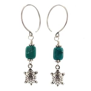 Southwest Turtle Dangle Earrings with Turquoise Gemstone Bead, #7572