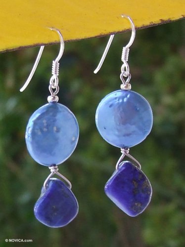 Pearl and lapis lazuli earrings, 'Marine Fantasy'