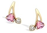 14K Yellow Gold Heart Created Pink Sapphire and Diamond Earrings