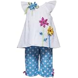 Rare Editions 12M-4T 2-Piece WHITE TURQUOISE-BLUE DOTTED RIBBON FLOWER STEM CLIP DOT CAPRI Outfit Set