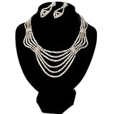 Bridal Diamante Wavy Style Bib Necklace & Drop Earrings Set (Silver Tone)