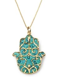Gold Hamsa Necklace with Fleur de Lis Pendant - Turquoise Jewish Jewelry - Handmade Polymer Clay Israeli Gift Ideas - Hand of Fatima