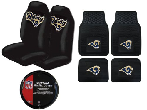 A Set of 4 NFL Universal Fit Front All-Weather Floor Mats and A Set of 2 Universal Fit Seat Covers and 1 Steering Wheel Cover - St. Louis Rams