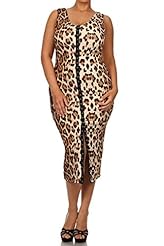 Plus Size Sexy Leopard Print Slit Cotton/Polyester Sleeveless Tank Scoop Neck Bodycon Dress/Midi Dress 