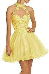 Sophisticated Halter Cocktail Short Open-Back Beaded Lace Applique Party Dress/Wedding Dress 