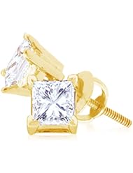 14K Yellow Gold Large Prong Set Princess Cut Diamond Solitaire Single Stone Stud 4 Prong Earrings with Screw Back Closure - (1.50 cttw)