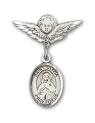 Sterling Silver Baby Badge with St. Olivia Charm and Angel with Wings Badge Pin