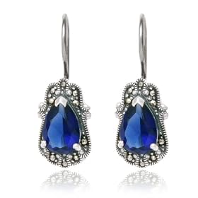 Sterling Silver Marcasite and Blue Crystal Pear Wire Earrings by