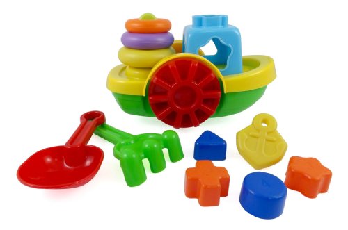 Tugboat Sand Wheels Beach Toy Set for Kids with Boat, Shapes, Rake, Shovel