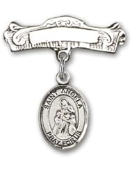Sterling Silver Baby Badge with St. Angela Merici Charm and Arched Polished Badge Pin