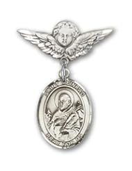 Sterling Silver Baby Badge with St. Meinrad of Einsideln Charm and Angel with Wings Badge Pin