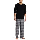 Intimo Mens Flannel Sleep Pant With Waffle V-Neck Top, Black, Medium