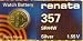 Renata Silver Oxide Watch Battery For 357 Button Cell