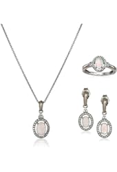 Rose Gold Plated Sterling Silver Simulated Opal with Created White Sapphire Pendant Necklace, Ring and Earrings Jewelry Set
