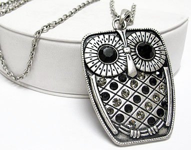 XX-Large Rectangle Owl Charm Necklace with Gray/Black Crystal Accents on LONG 30″ Antique Silver Chain Comes Gift Boxed