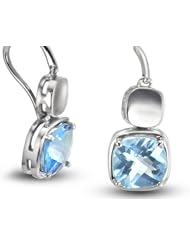 CleverEve Luxury Series Rhodium Plated Frenchwire Sterling Silver Earrings w/ Prong Set Cushion Cut Natural Genuine Blue Topaz Stones