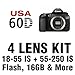 Canon EOS 60D Digital SLR Camera 4 Lens Kit with 18-55mm IS, 55-250mm IS, 58mm Wide Angle, 58mm 2X Telephoto, 16 GB and More