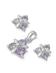 Sterling Silver Lavender CZ Triple Stone Triangular Flower Earring Pendant Set