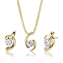 Golden Rhapsody: Sterling Silver Designer Inspired Bridal Jewelry Earring/ Pendant Set with 14K Gold Plating and Solitaire Diamonds