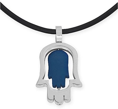 Stainless Steel Judaica Hamsa Charm Pendant Jewish Israel Rubber Cord Chain