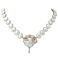 White Baroque Pearl & Diamond Necklace 18k Yellow Gold 16 inches Length
