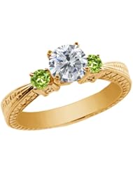 1.24 Ct Round H/I Diamond Green Peridot 14K Yellow Gold 3-Stone Ring