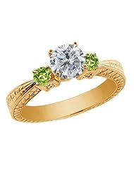 1.24 Ct Round H/I Diamond Green Peridot 14K Yellow Gold 3-Stone Ring