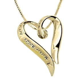 14k Yellow Gold Overlay Sterling Silver "A Mother Holds Her Child's Hand For A Short While And Their Hearts Forever" Heart Pendant, 18"