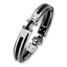 Black Rubber and Polished Stainless Steel Hinged Bangle Bracelet