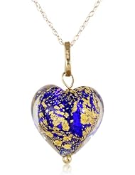 14k Yellow Gold Blue and Gold Murano Glass Heart Pendant Necklace, 18"