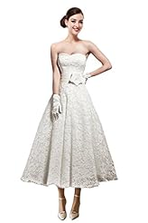 A-line Strapless 2015 Ruched Lace Backless Short Tea Length Wedding Dress  With a Ribbon 