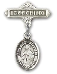 Sterling Silver Baby Badge with St. Maria Goretti Charm and Godchild Badge Pin