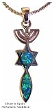 Fashion Jewelry ~ Sterling Silver Menorah, Star & Fish Silver & Opals Pendant Necklace - 2 Sided