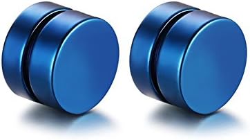 Men Women Titanium Steel Round Magnetic Fake Plugs No Piercing Clip On Stud Earrings (Blue)