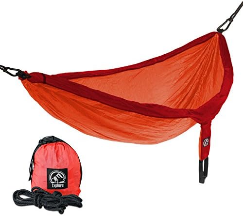 Explore Outfitters PRO Nylon Double Hammock (Large) With Free Ropes - Best Portable Parachute Hammock For Camping, Travel, Outdoors, Backpacking (Red/Orange)