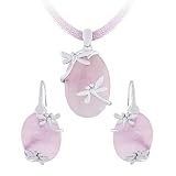 14K White Gold Plated Sterling Silver Dragonfly Synthetic Pink Quartz? Earrings & Pendant Set