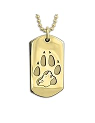 14k Yellow Gold Wolf Print Dog Tag Necklace Pendant. Made in USA.