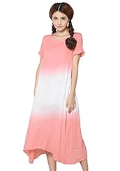 Round Neck Tie Dye Print Cotton/Linen Vintage  Dress