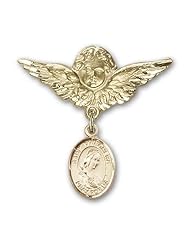 14K Gold Baby Badge with St. Philomena Charm and Angel with Wings Badge Pin