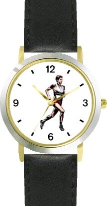 Man Runner No.3 Track & Field - WATCHBUDDY® DELUXE TWO-TONE THEME WATCH - Arabic Numbers - Black Leather Strap-Size-Large ( Men
