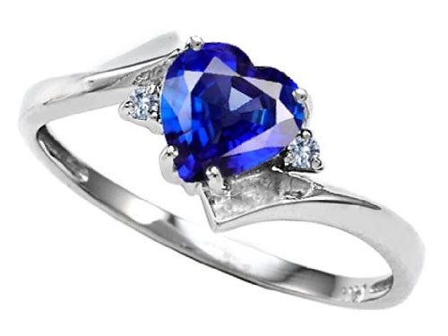 Tommaso Design(tm) Heart Shape 6mm Created Sapphire and Two Diamonds bypass Ring in 10 kt White Gold Size 5 Tommaso Design(tm) Heart Shape 6mm Created Sapphire and Two Diamonds bypass Ring in 10 kt White Gold Size 5