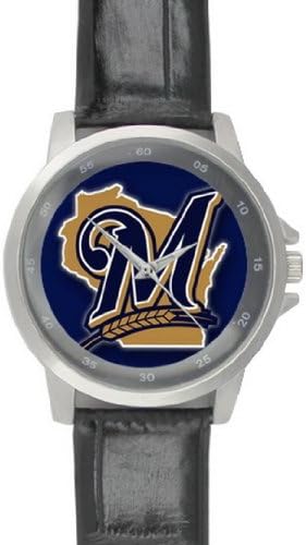 MLB Milwaukee Brewers Image Black Leather Band Wrist Watch for a Special Gift