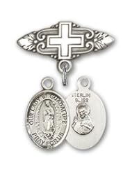 Sterling Silver Baby Badge with Our Lady of Guadalupe Charm and Badge Pin with Cross