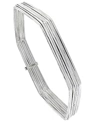 Sterling Silver Hexagon Shape Flat 7 Band Stackable slip on Semanario Bangle 5/16 inch wide, 9 inch
