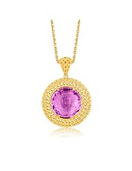 Italian Design 14K Yellow Gold Crochet Pendant with Round Amethyst