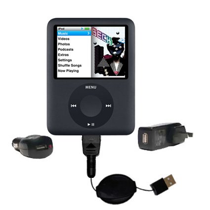Retractable USB Hot Sync Compact Kit with Car & Wall Charger for the Apple Nano Video Gen 3 - Gomadic Brand w/ TipExchange Technology